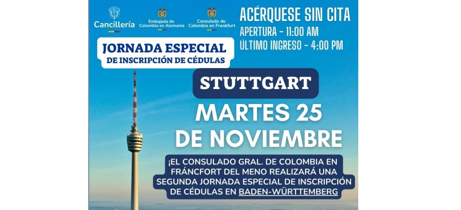 Consulado General de Colombia en Fráncfort del Meno realiza jornada especial de inscripción de cédulas - Stuttgart el 25 de noviembre de 2025