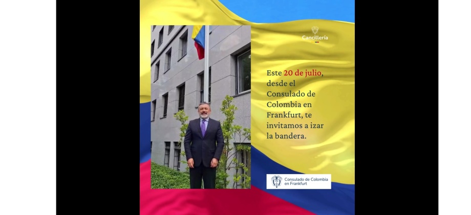 Captura de pantalla de un video en el que el cónsul de Colombia en Frankfurt invita a celebrar el Día de la Independencia con una bandera de Colombia como fondo