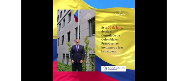 Captura de pantalla de un video en el que el cónsul de Colombia en Frankfurt invita a celebrar el Día de la Independencia con una bandera de Colombia como fondo
