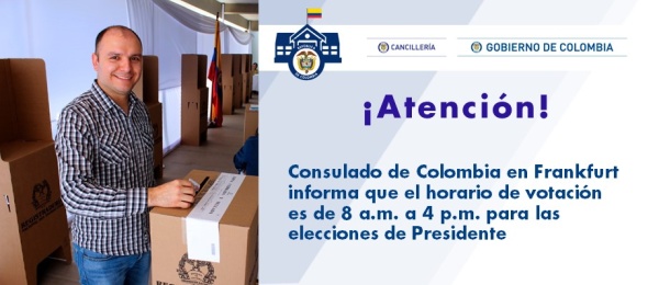 El Consulado de Colombia en Frankfurt informa que el horario de votación es de 8:00 a.m. a 4 p.m. para las elecciones de Presidente 